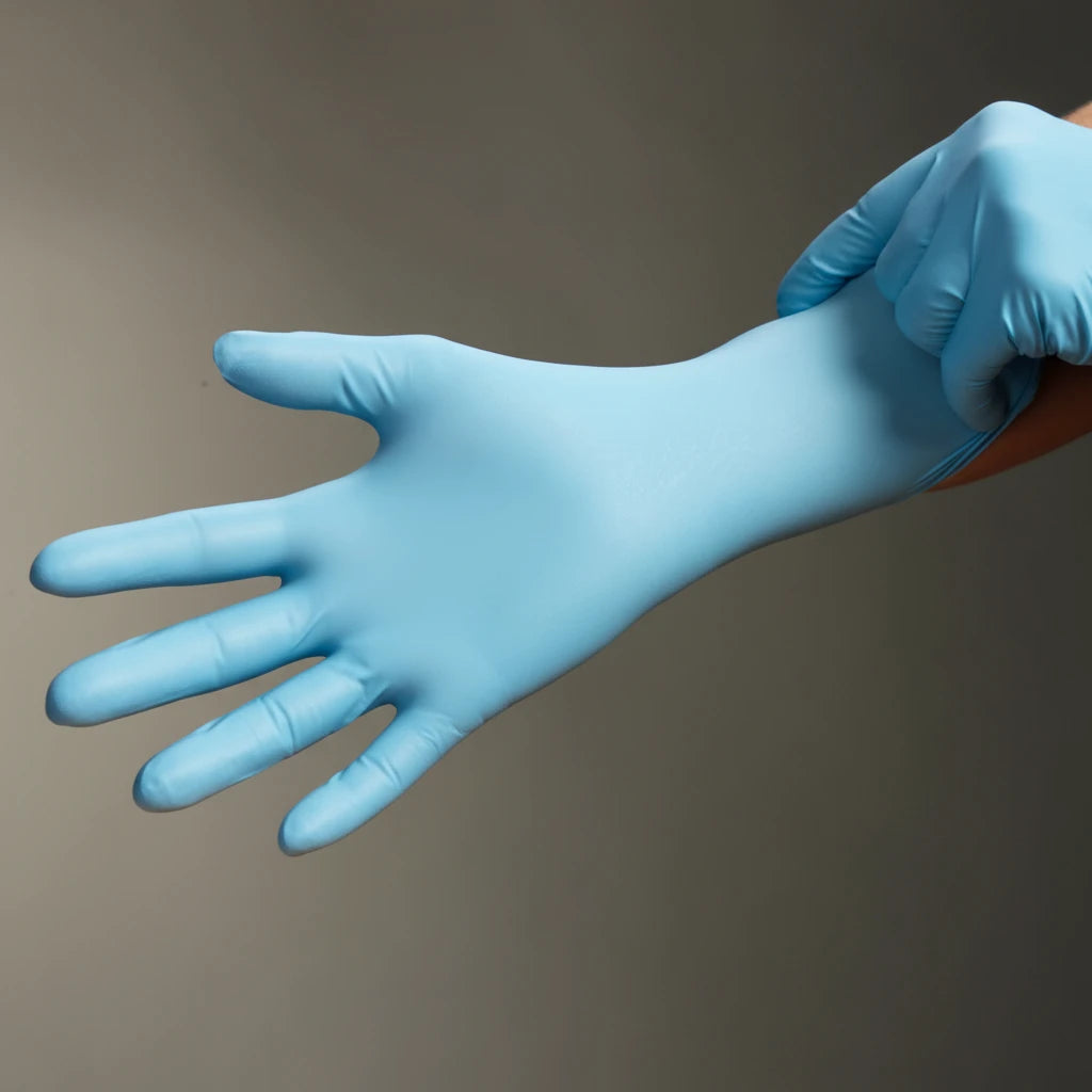 Close up of 0.15mm thick nitrile glove showing textured grip and extended long cuff protection