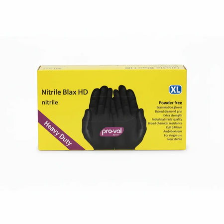 Heavy duty nitrile gloves thickness specification showing 0.20mm reinforced fingertips and 0.15mm palm flexible industrial glove design