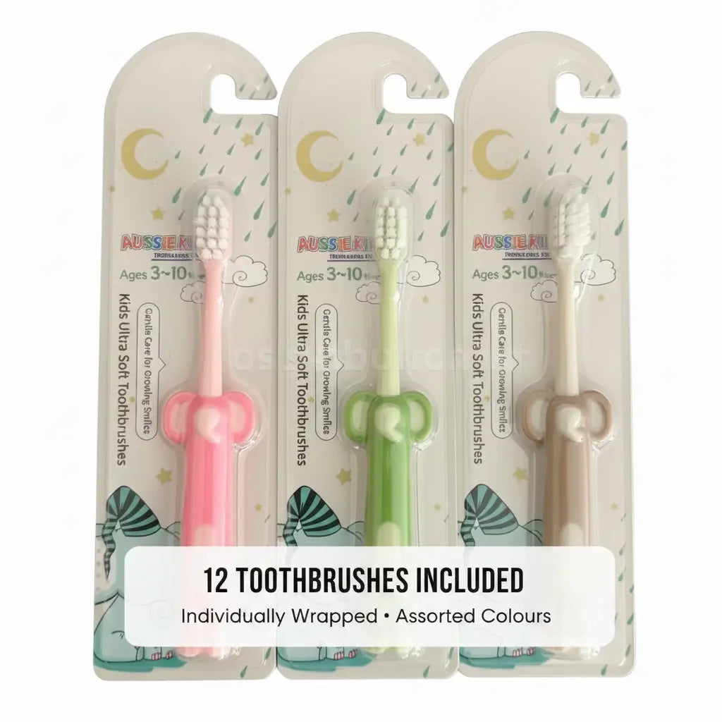 12 individually wrapped Kids Ultra Soft Toothbrushes in assorted colours.