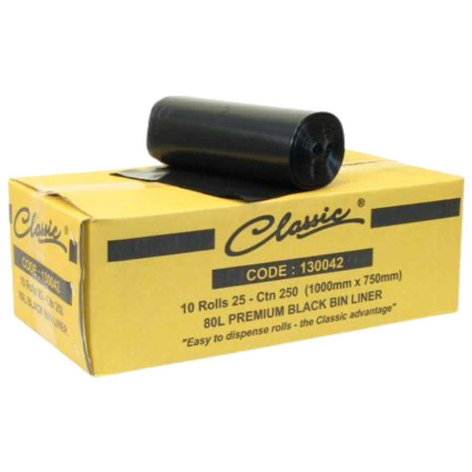 Classic® Bin Liners Black Rolls 80L Carton 250