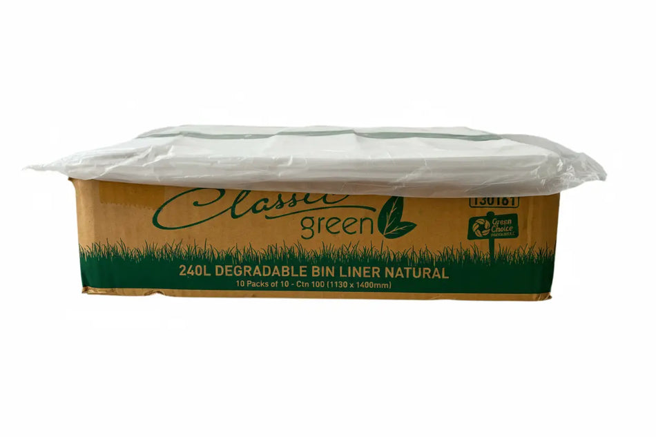 Heavy duty 240L degradable bin liners in natural colour, packaged in carton of 100 (10x10 packs), sized 1130x1400mm, suitable for wheelie bins used in commercial, medical, dental, aged care and household waste management.