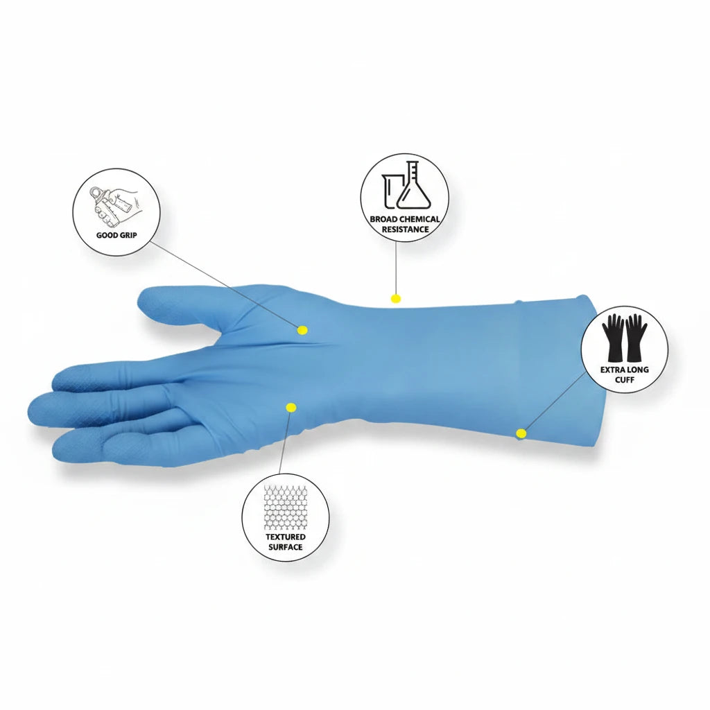300mm extra long nitrile gloves providing extended forearm protection against splashes and contaminants