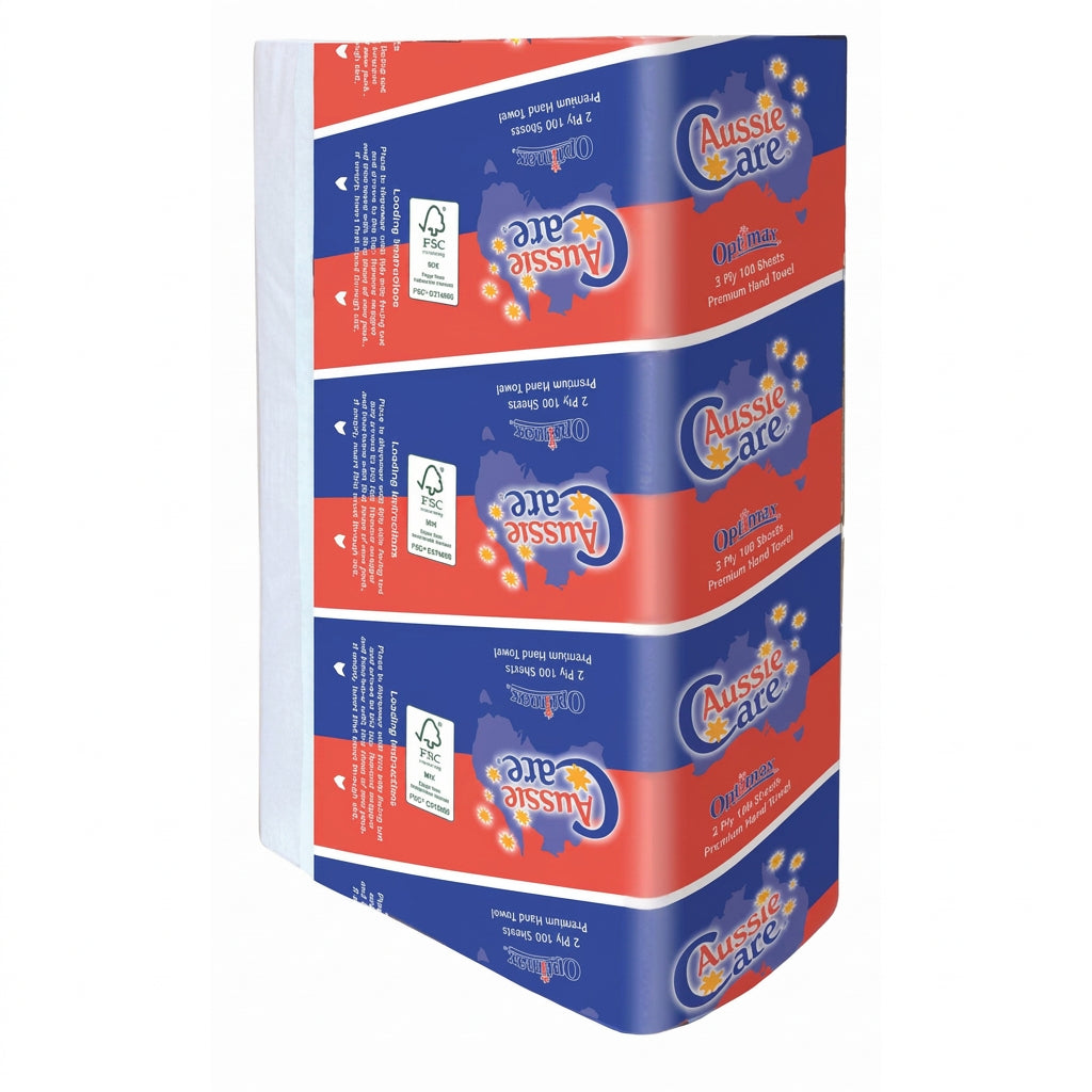 Aussie Care Optimax Premium 2-ply interleaved paper hand towels, carton of 24 packs, for dental clinics, medical practices and commercial washrooms.