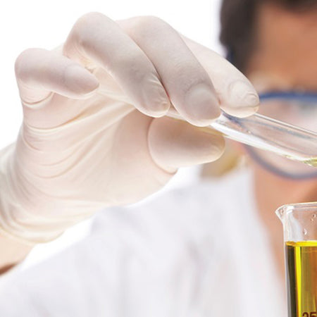 Person wearing gloves holding a test tube with a clear liquid, with a blurred background