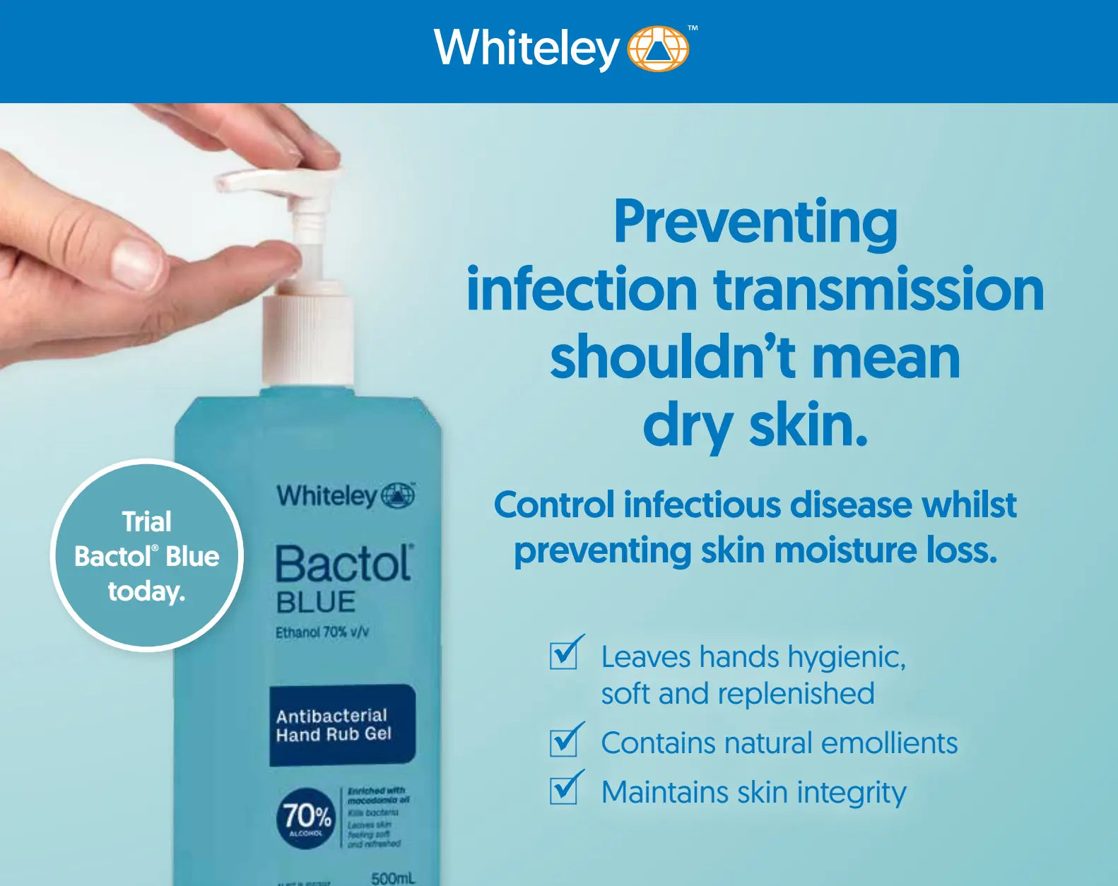 Information graphic showing Bactol Blue 500ml hand sanitiser features including 70 percent ethanol antibacterial formula and macadamia oil skin conditioning