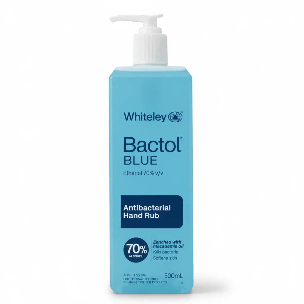 Bactol Blue 500ml pump bottle antibacterial hand sanitiser with 70% ethanol for healthcare and dental clinic use
