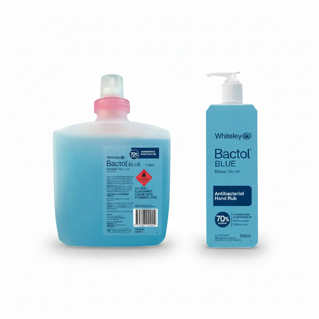 Bactol Blue antibacterial hand sanitiser 70% ethanol showing 500ml pump bottle and 1L pod refill for dental and medical use