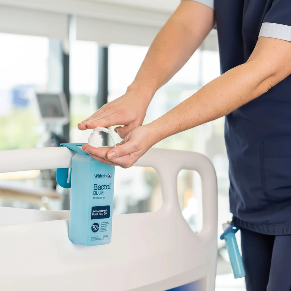 Healthcare professional using Bactol Blue 500ml pump bottle hand sanitiser in a dental or medical clinic setting for hygiene protection
