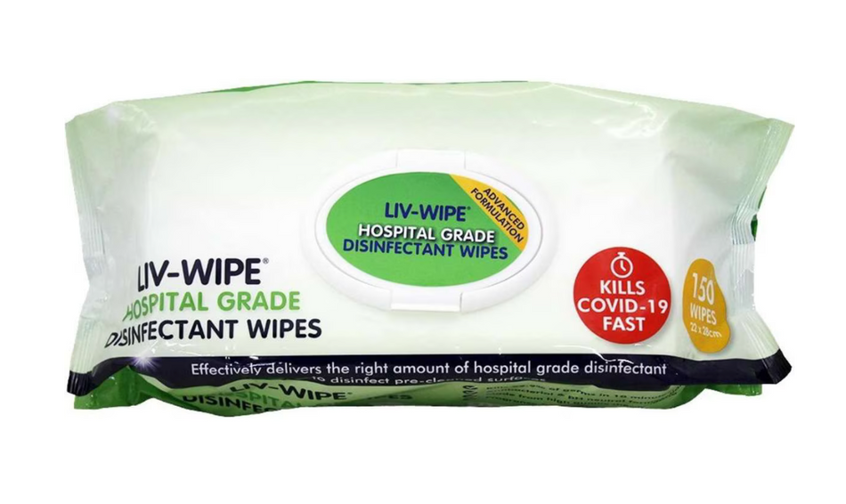 Liv-Wipe Hospital Grade Sanitiser Disinfectant Wipe - 150/Soft Packet with Hard Lid