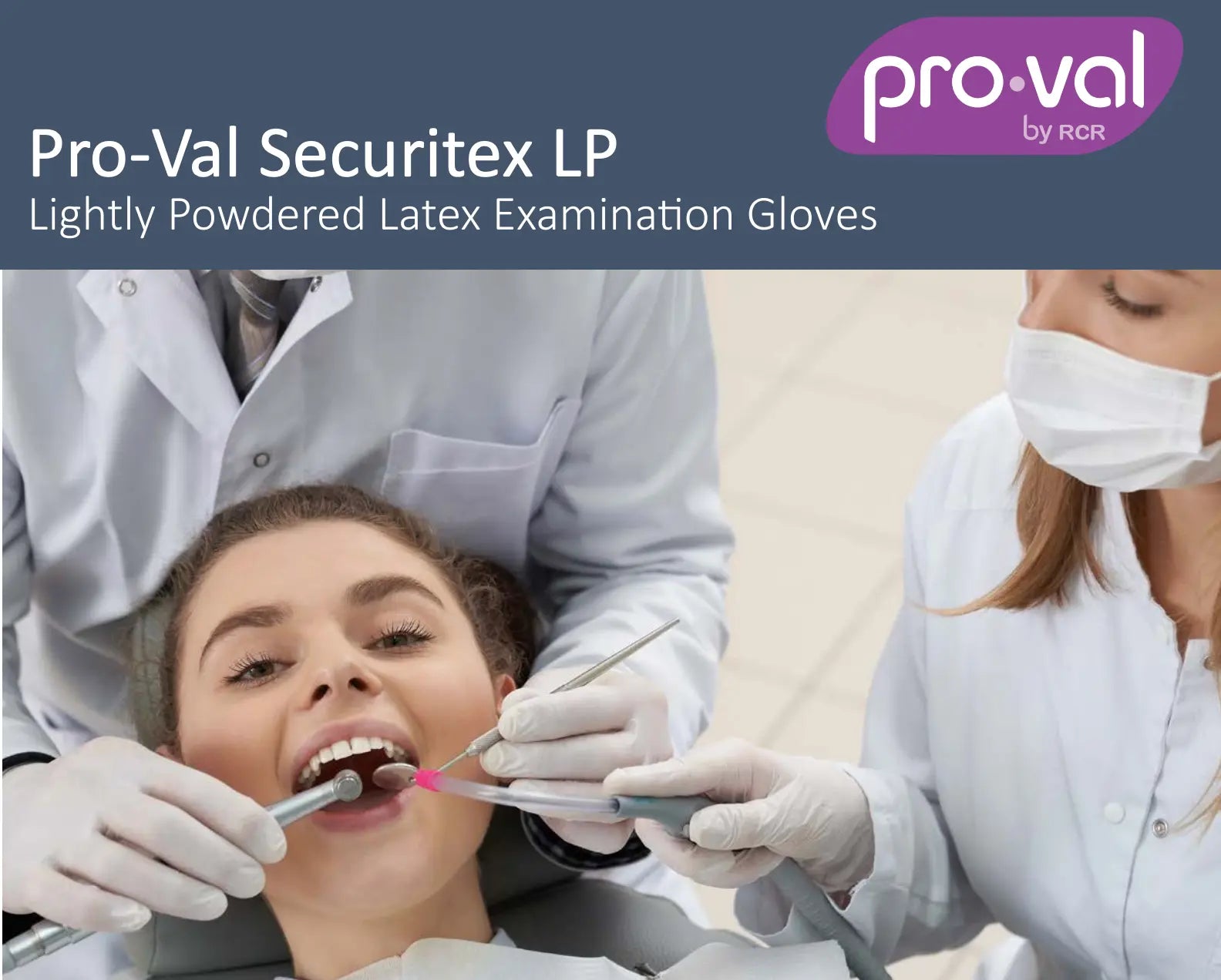 Dentist and dental assistant wearing Proval Securitex Premium Latex Examination Gloves while performing a dental procedure with a patient, demonstrating professional infection control and clinical protection.