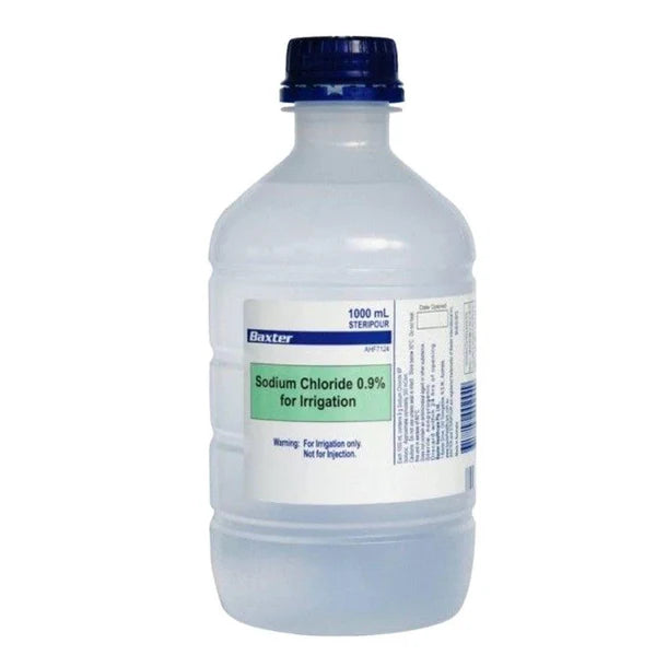 Baxter Sodium Chloride 0.9% irrigation solution 1000ml bottle for surgical and wound irrigation