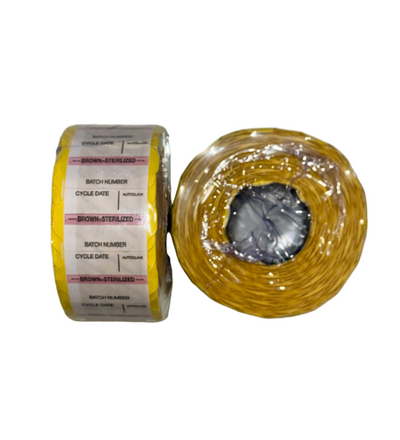 Roll of yellow tape with a label on a white background