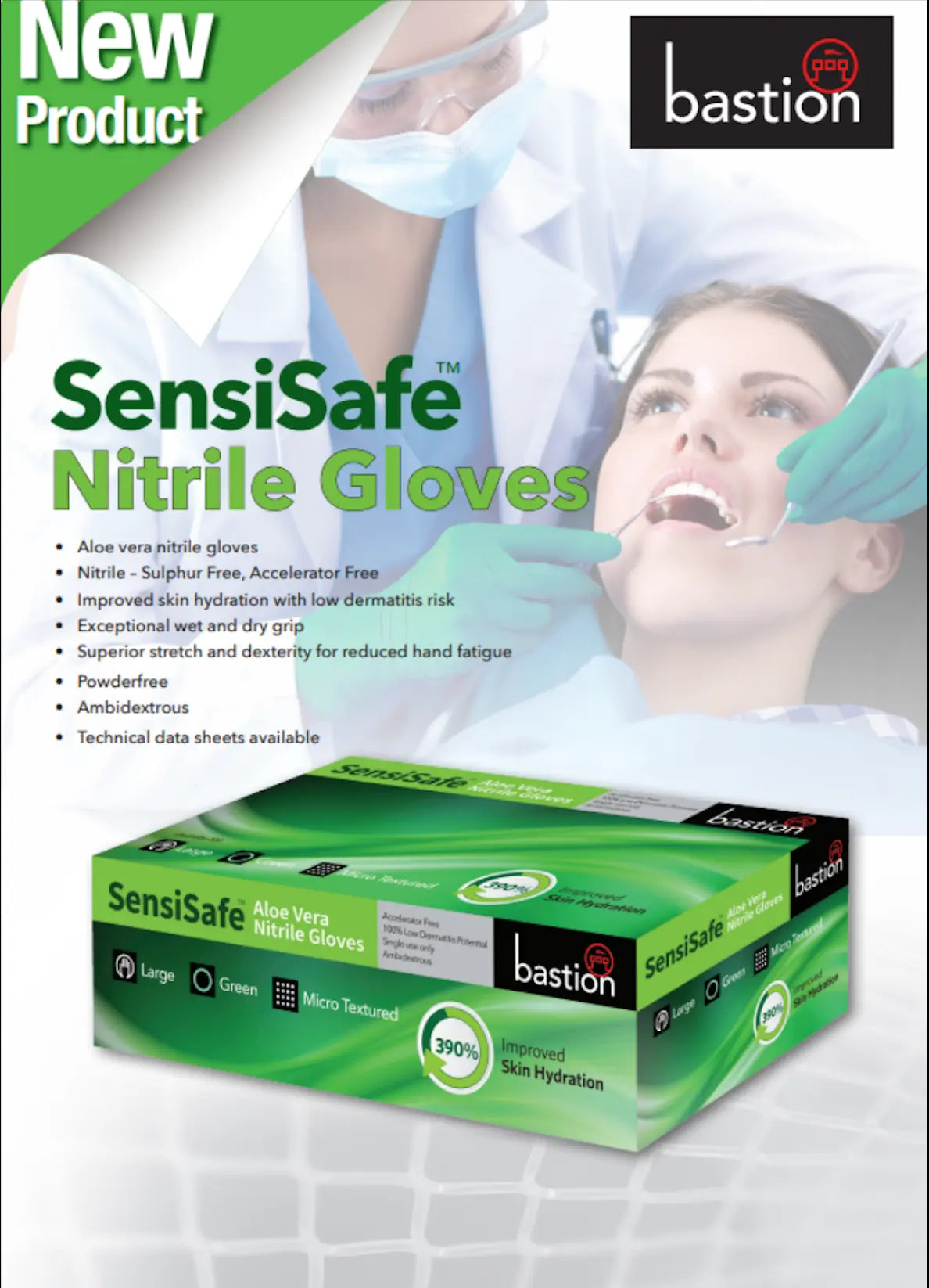 Close-up of aloe vera infused nitrile gloves showing textured surface for wet and dry grip in clinical use