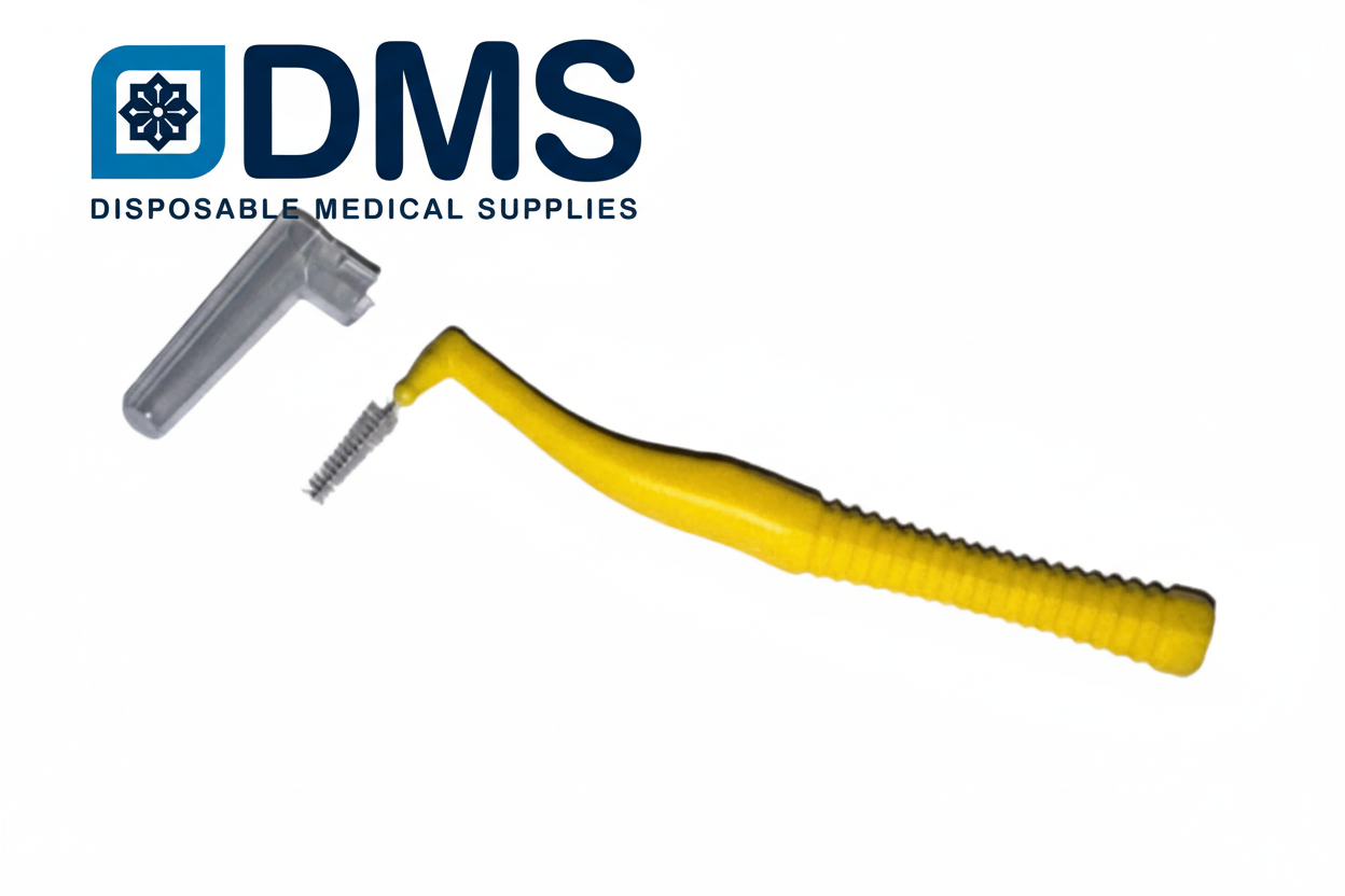 Angled interdental brush designed for cleaning between teeth and around braces