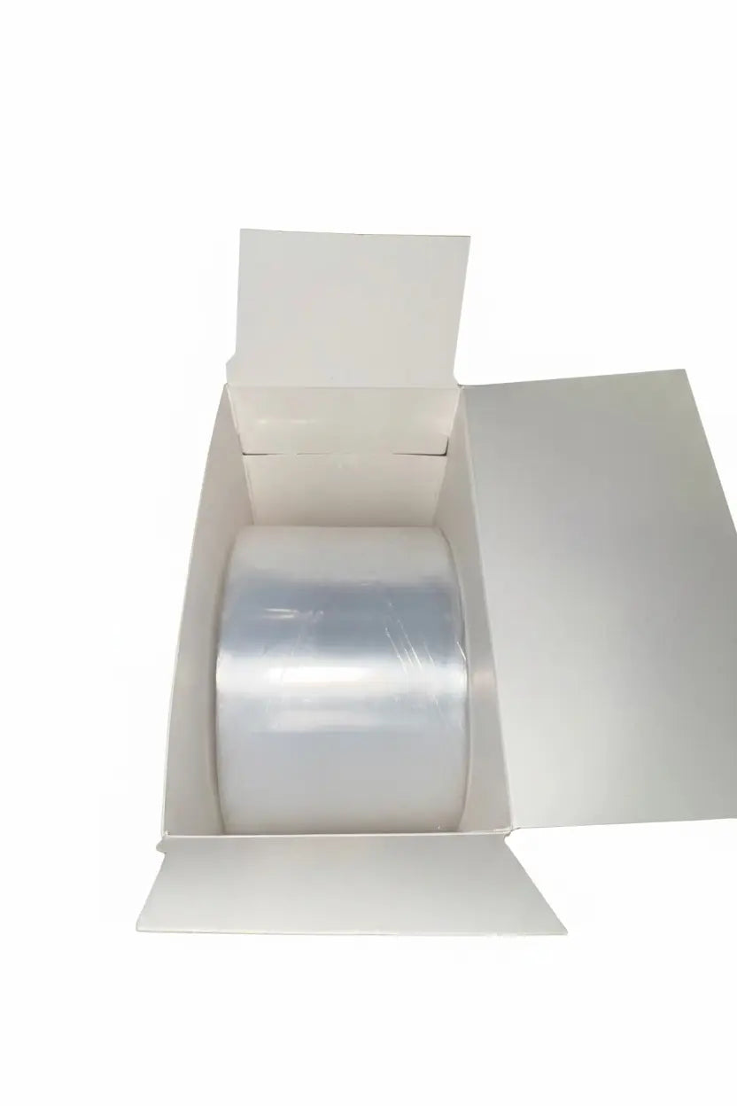 Box of 250 Handpiece Barrier Sleeves with lid open showing the roll of clear plastic sleeves, product code BF-2000.