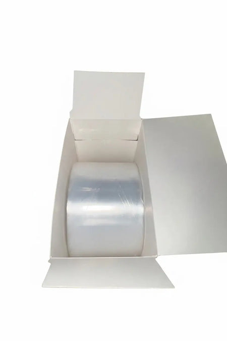 Box of 250 Handpiece Barrier Sleeves with lid open showing the roll of clear plastic sleeves, product code BF-2000.