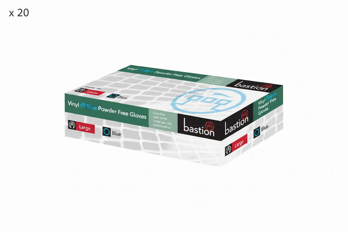2 cartons of Bastion Large Blue Vinyl Gloves, containing 20 boxes of 100 gloves each, powder-free disposable gloves for medical, cleaning and workplace use.
