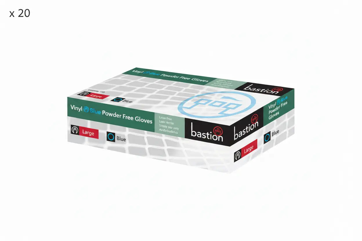 2 cartons of Bastion Large Blue Vinyl Gloves, containing 20 boxes of 100 gloves each, powder-free disposable gloves for medical, cleaning and workplace use.