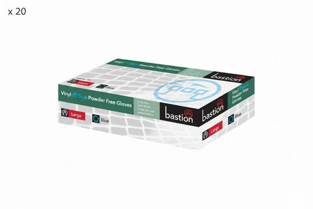 2 cartons of Bastion Large Blue Vinyl Gloves, containing 20 boxes of 100 gloves each, powder-free disposable gloves for medical, cleaning and workplace use.