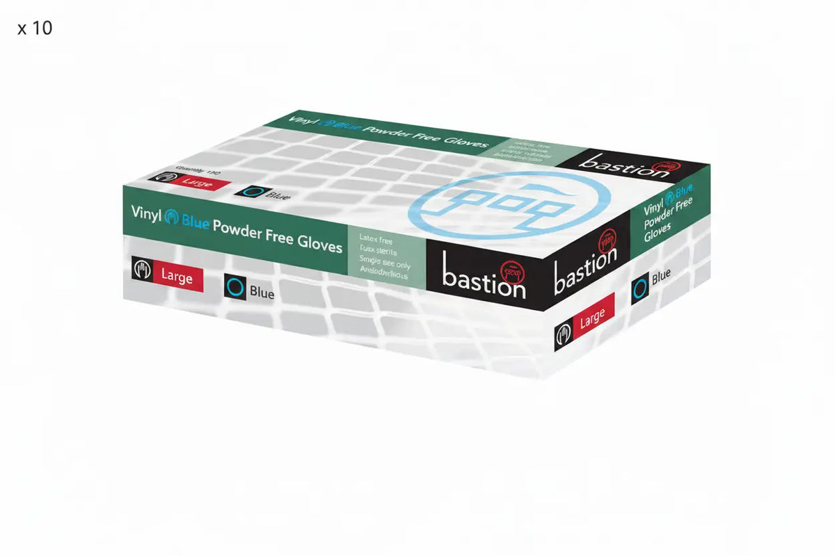 Carton of 1000 Bastion large blue vinyl gloves, powder-free disposable gloves for medical, cleaning and workplace use