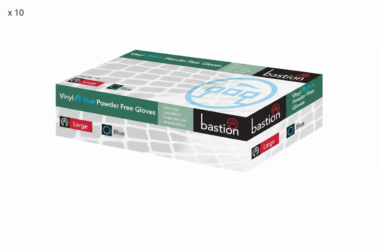 Carton of 1000 Bastion large blue vinyl gloves, powder-free disposable gloves for medical, cleaning and workplace use