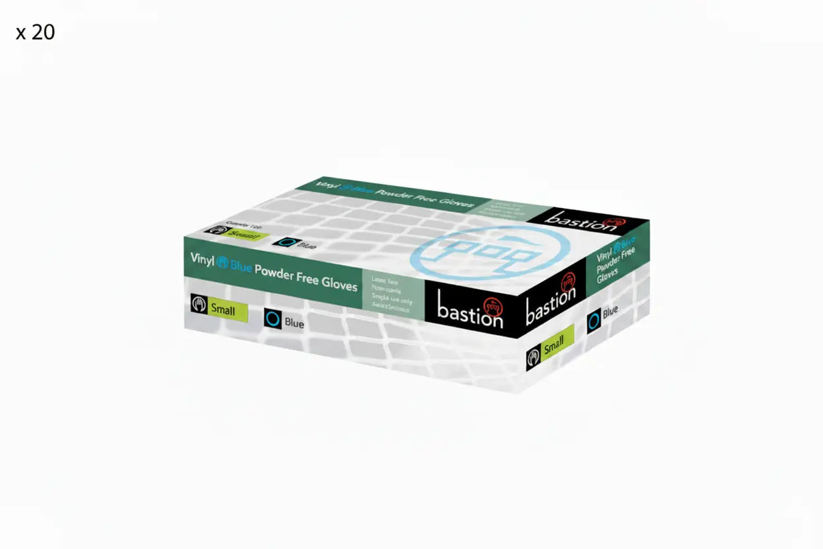 2 cartons of Bastion Small Blue Vinyl Gloves, containing 20 boxes of 100 gloves each, powder-free disposable gloves for medical, cleaning and workplace use.