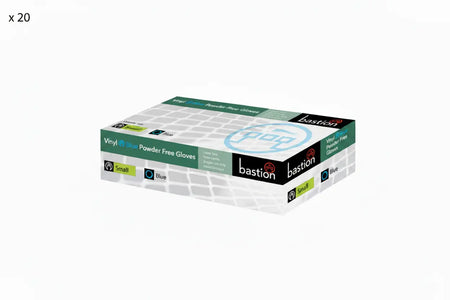 2 cartons of Bastion Small Blue Vinyl Gloves, containing 20 boxes of 100 gloves each, powder-free disposable gloves for medical, cleaning and workplace use.