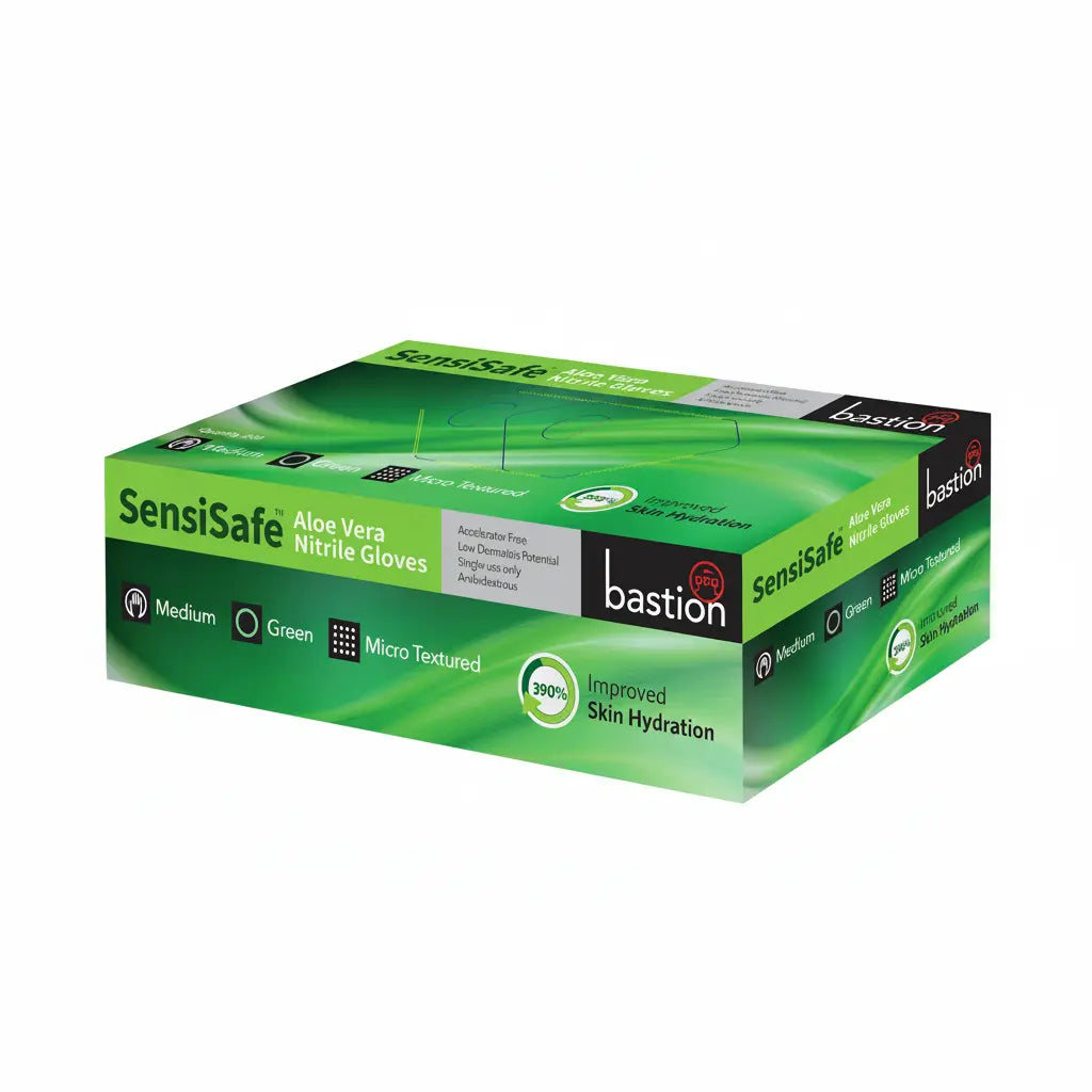 Bastion SensiSafe aloe vera infused green nitrile gloves for dental and medical use, 200 gloves per box