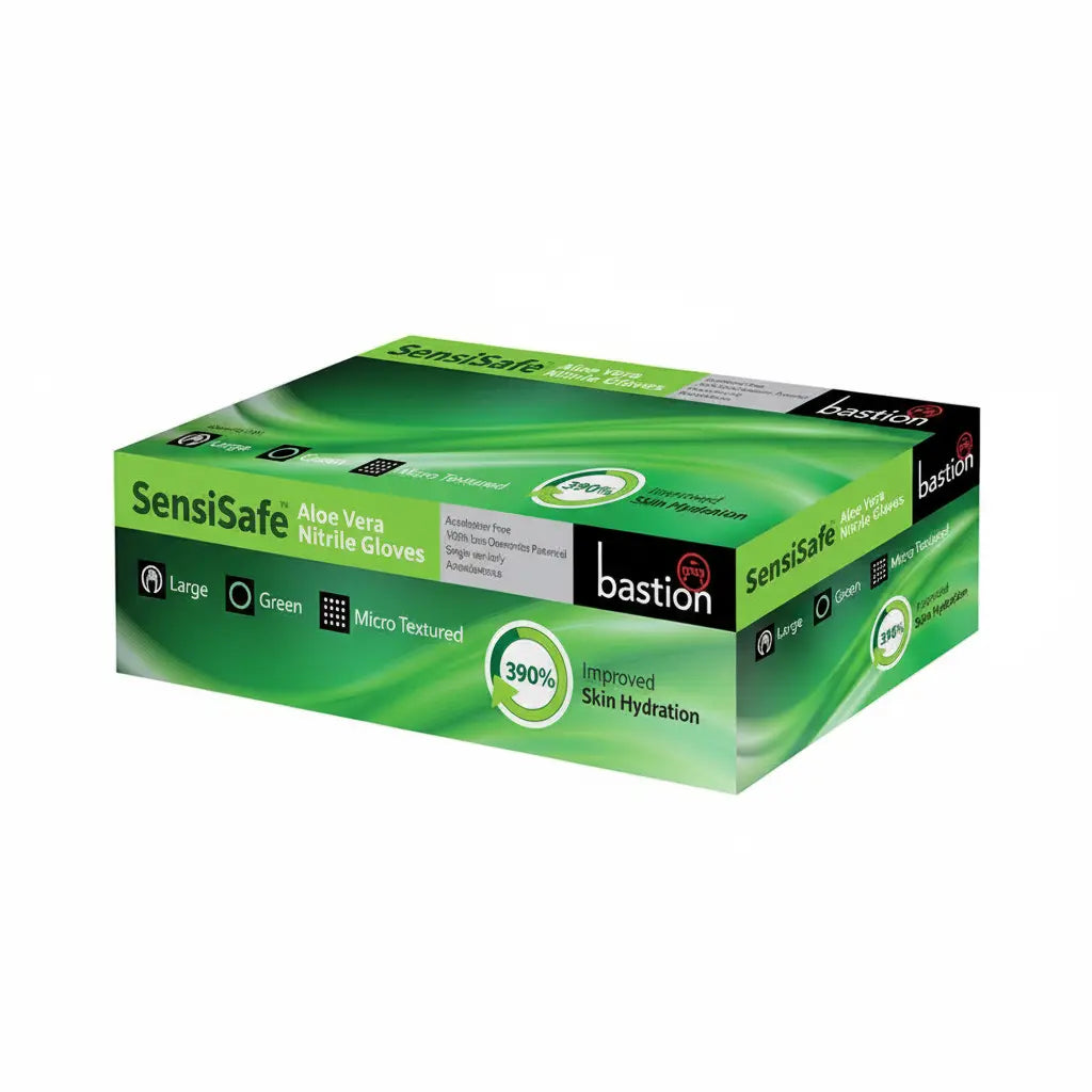 Bastion SensiSafe nitrile gloves packaging showing 200 gloves per box for high-volume dental and medical practices