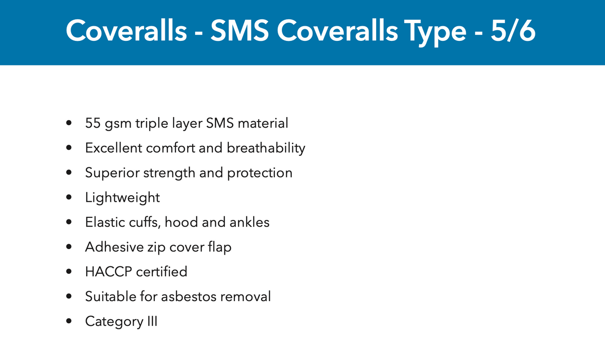 Adhesive zip cover flap and elastic cuffs on Bastion SMS Type 5/6 protective coverall