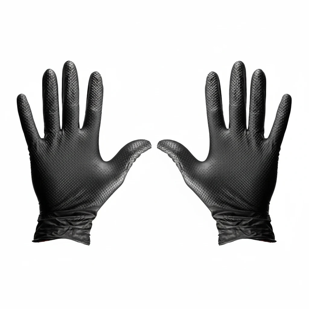 Black nitrile gloves worn on hands showing fit flexibility and grip for automotive industrial and mechanical work applications
