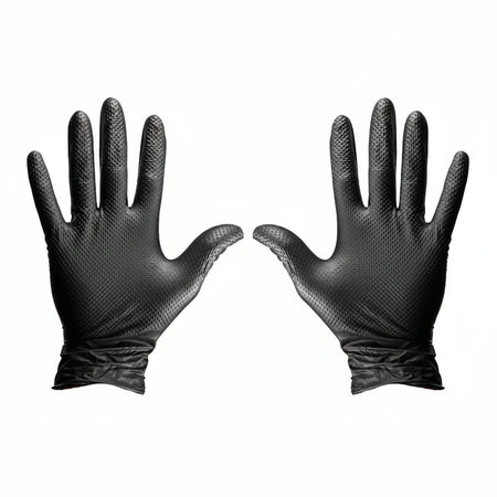 Black nitrile gloves worn on hands showing fit flexibility and grip for automotive industrial and mechanical work applications