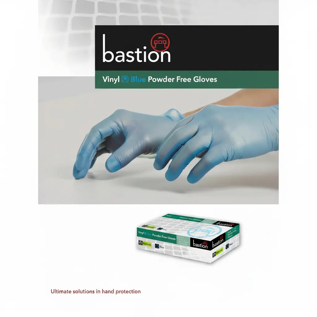 Blue vinyl gloves for food handling, medical, cleaning and workplace use, featuring powder-free disposable protection for everyday professional applications.