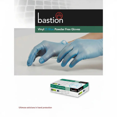 Blue vinyl gloves for food handling, medical, cleaning and workplace use, featuring powder-free disposable protection for everyday professional applications.