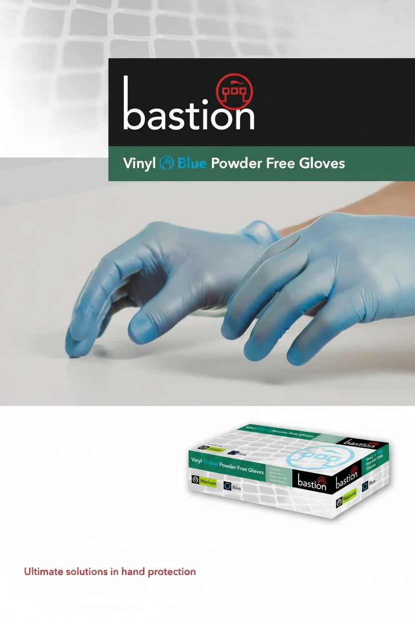 Professional use of blue vinyl gloves for food handling, medical tasks and cleaning applications, showing powder-free disposable gloves designed for workplace protection.