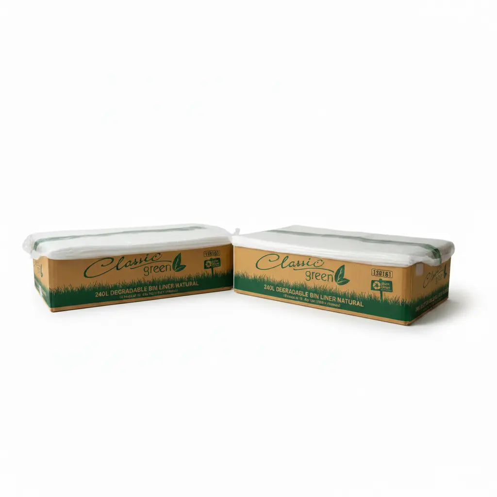 Buy 2 cartons offer for 240L heavy duty degradable bin liners, natural colour wheelie bin bags, 100 pack per carton, suitable for commercial, medical, dental, aged care and household waste. Bulk clearance deal designed for high volume users.