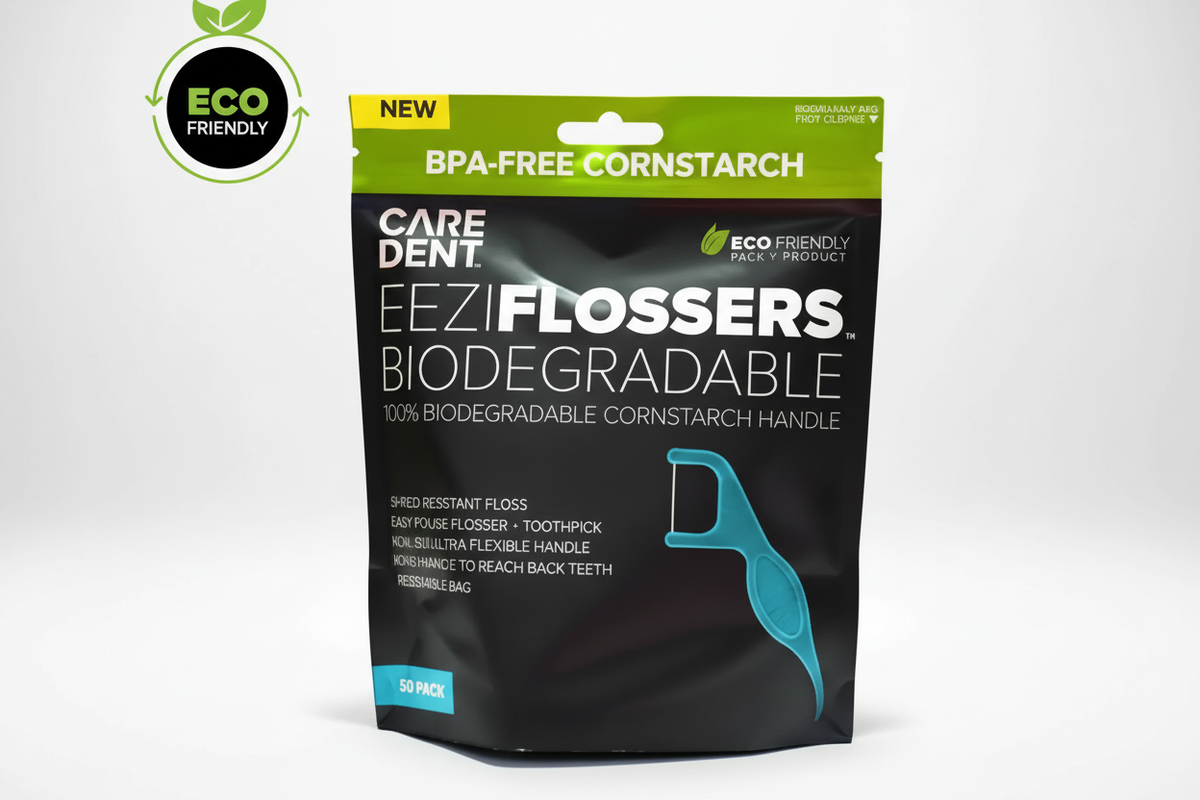 CareDent EeziFlossers in use flossing between teeth to remove plaque and debris