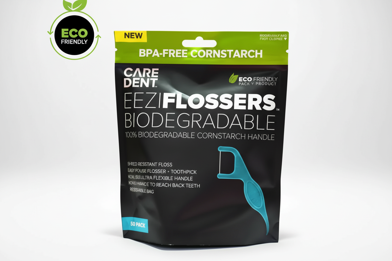 CareDent EeziFlossers in use flossing between teeth to remove plaque and debris