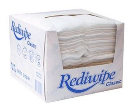 Cello Rediwipe Classic low-lint wipes used for dental and medical surface cleaning in clinics and healthcare facilities