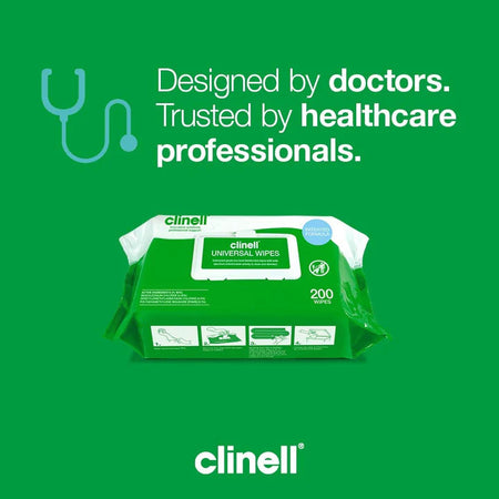 Front packaging of Clinell Universal Disinfectant Wipes highlighting hospital grade infection control and 99.99 percent germ kill