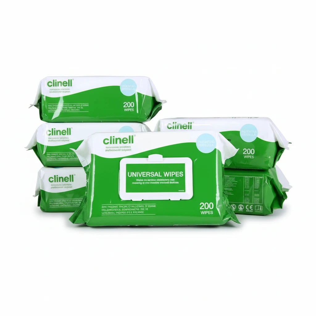 Clinell Universal Disinfectant Wipes carton containing 6 packs of 200 wipes (1200 total) hospital grade antibacterial surface wipes