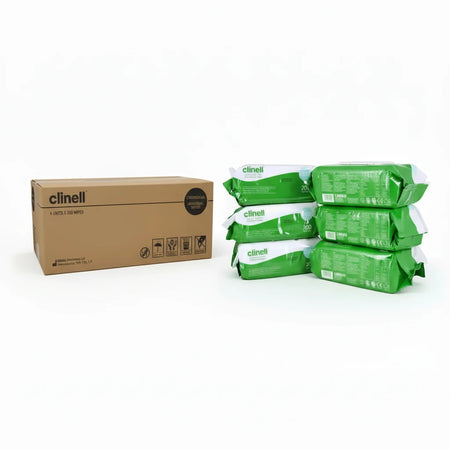 Clinell Universal Wipes carton with six individual packs showing how the hospital grade disinfectant wipes are supplied