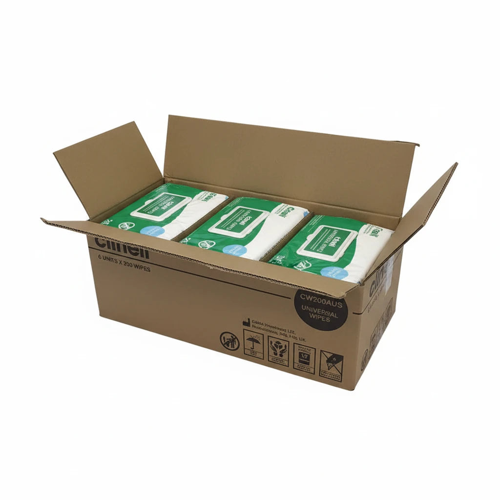Open carton of Clinell Universal Wipes showing six packs of 200 disinfectant wipes used in hospitals and clinics