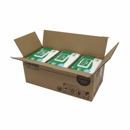 Open carton of Clinell Universal Wipes showing six packs of 200 disinfectant wipes used in hospitals and clinics