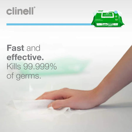 Clinell disinfectant wipe being used to clean and disinfect a medical surface in a healthcare environment