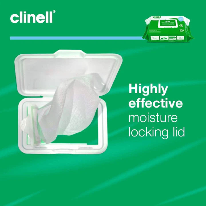 Clinell Universal Wipes packaging with resealable lid to keep disinfectant wipes fresh and effective