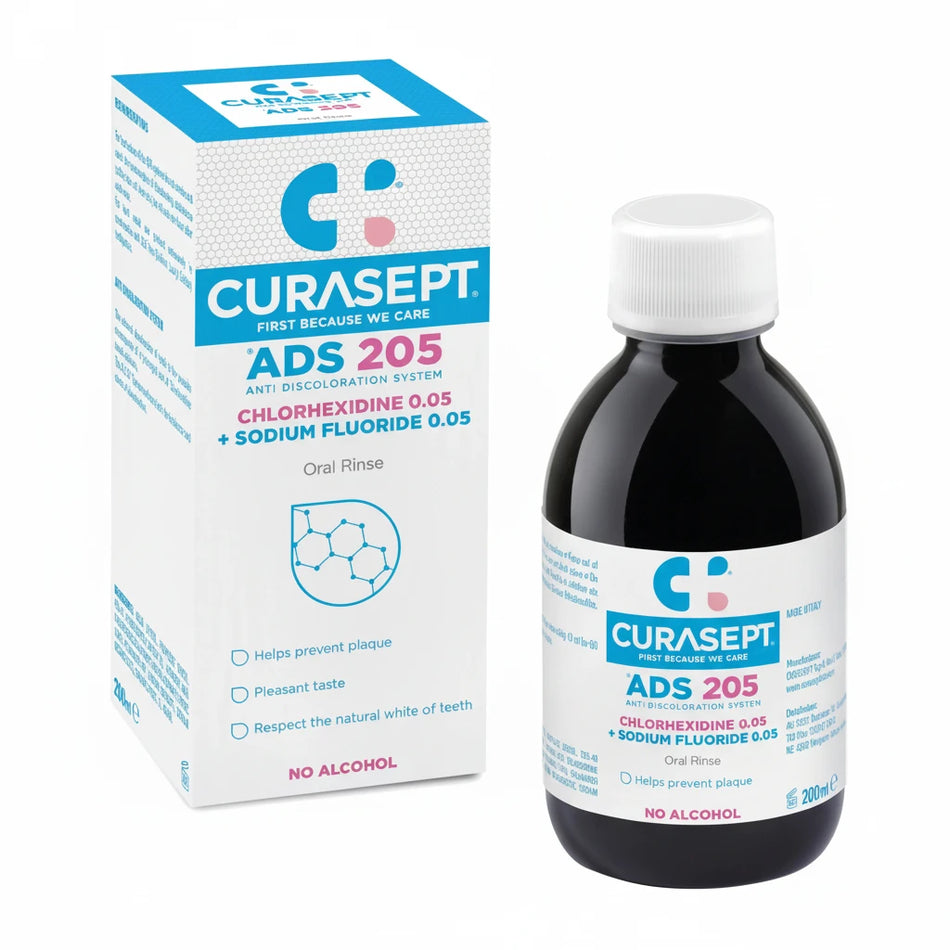 Curasept ADS 205 Mouth Rinse 200ml – Alcohol-Free, Non-Staining, Contains Fluoride and Chlorhexidine for Dental Implants, Braces, and Sensitive Gums