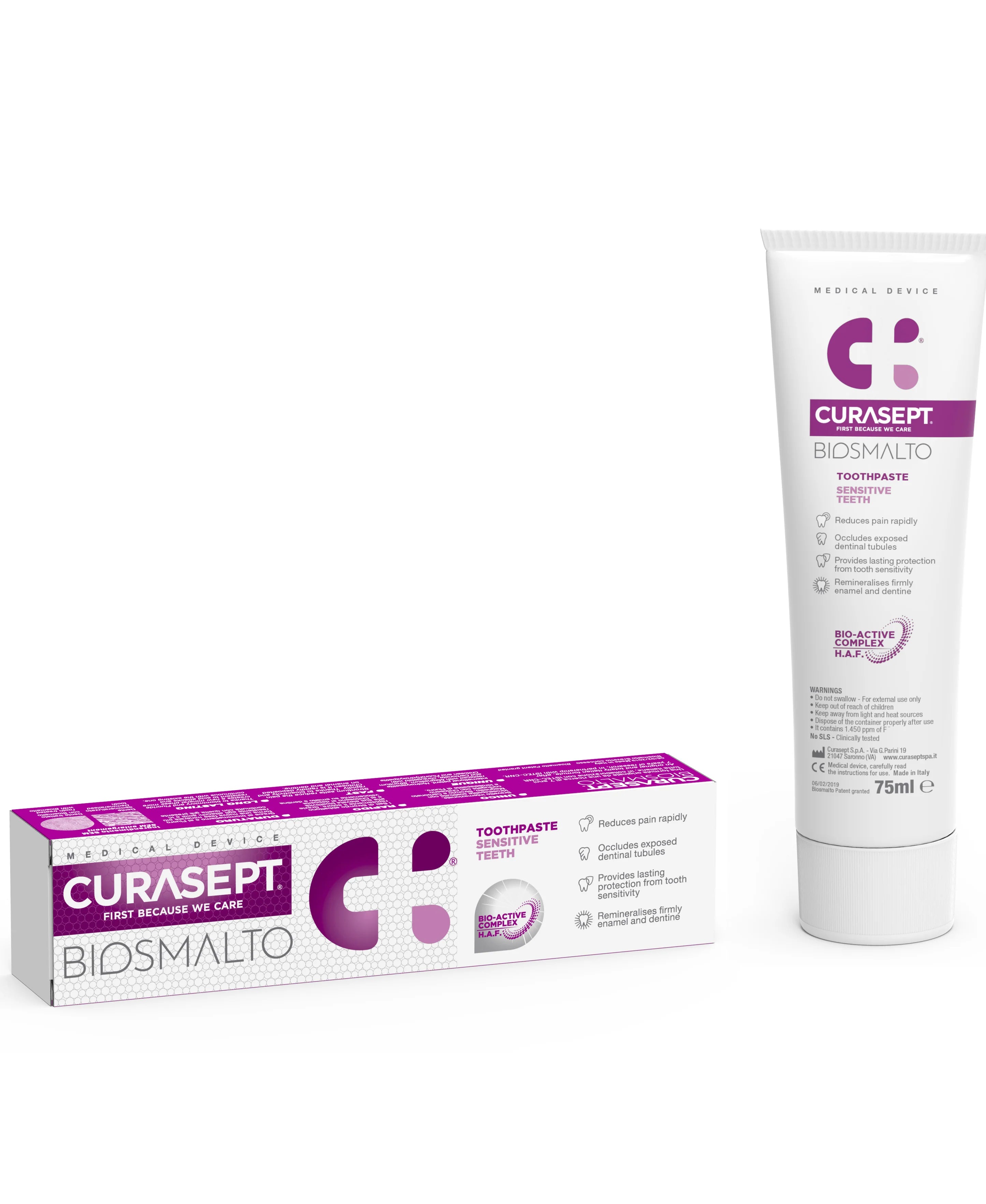 Curasept Biosmalto Sensitive Teeth Toothpaste 75ml front view for fast relief of tooth sensitivity and enamel remineralisation