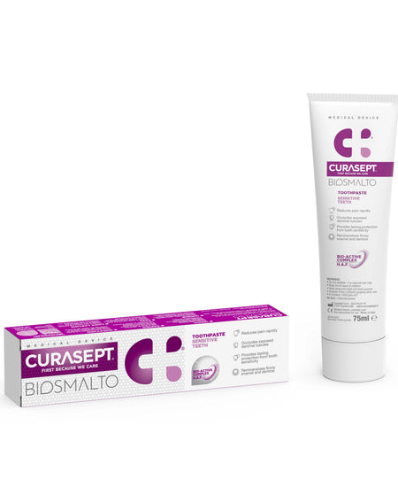 Curasept Biosmalto Sensitive Teeth Toothpaste 75ml front view for fast relief of tooth sensitivity and enamel remineralisation