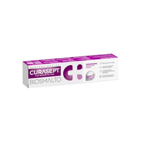Curasept Biosmalto sensitive toothpaste 75ml angled view showing packaging for enamel and dentine repair with hydroxyapatite and strontium